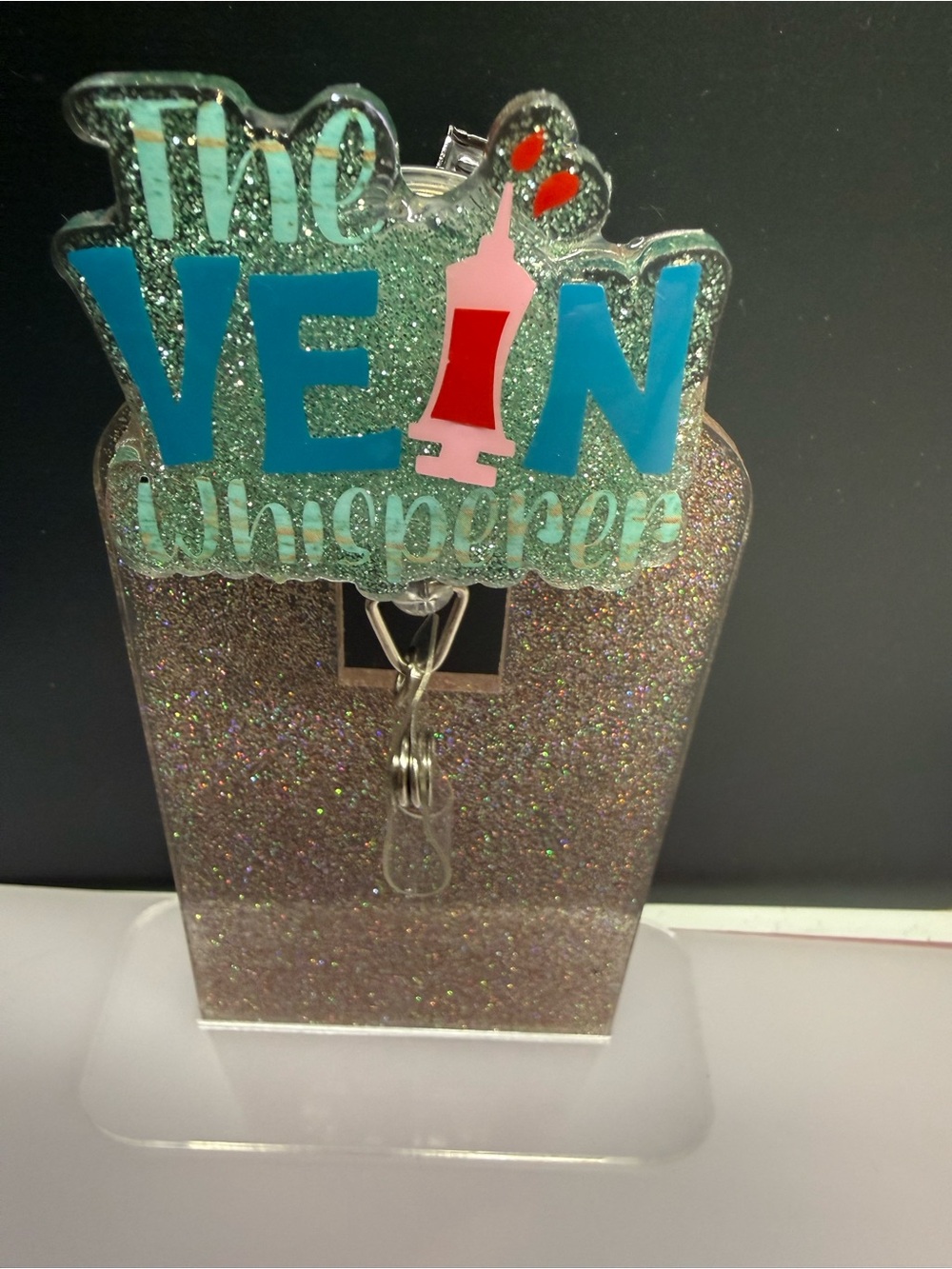 Phlebotomist The Vein Whisperer Badge Reel – Teal, Pink & Red Glitter